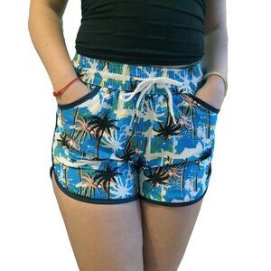 Women's Fashion Beach Shorts, Swim Trunks w Pockets, Navy Palm Leaves